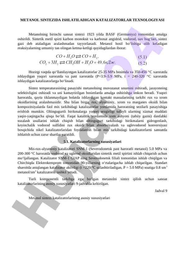 Metanol sintezida katalizatorlar texnologiyasi