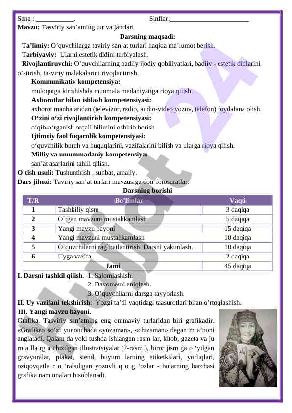 Tasviriy san’atning tur va janrlari dars ishlanmasi