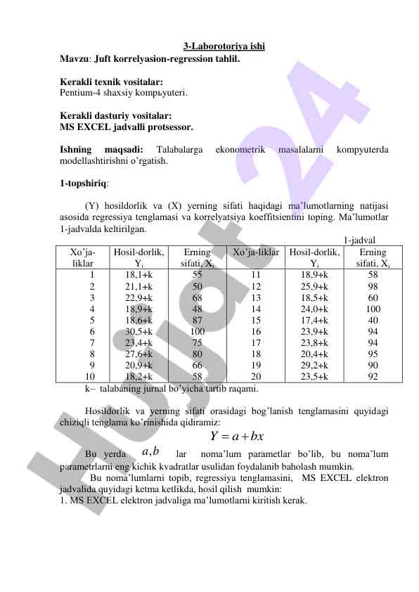 Juft korrelyasion-regression tahlil laboratoriya ishlari