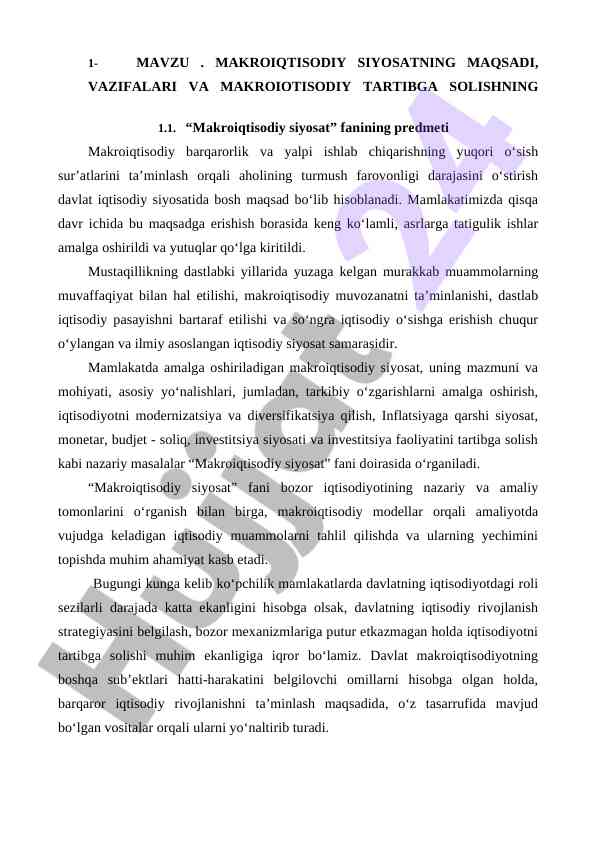 Makroiqtisodiy siyosatning maqsadi va vazifalari