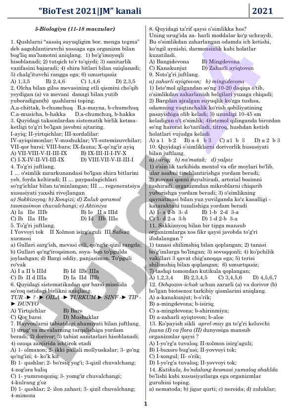 Biotest 2021 5-biologiya mavzulari uchun savollar
