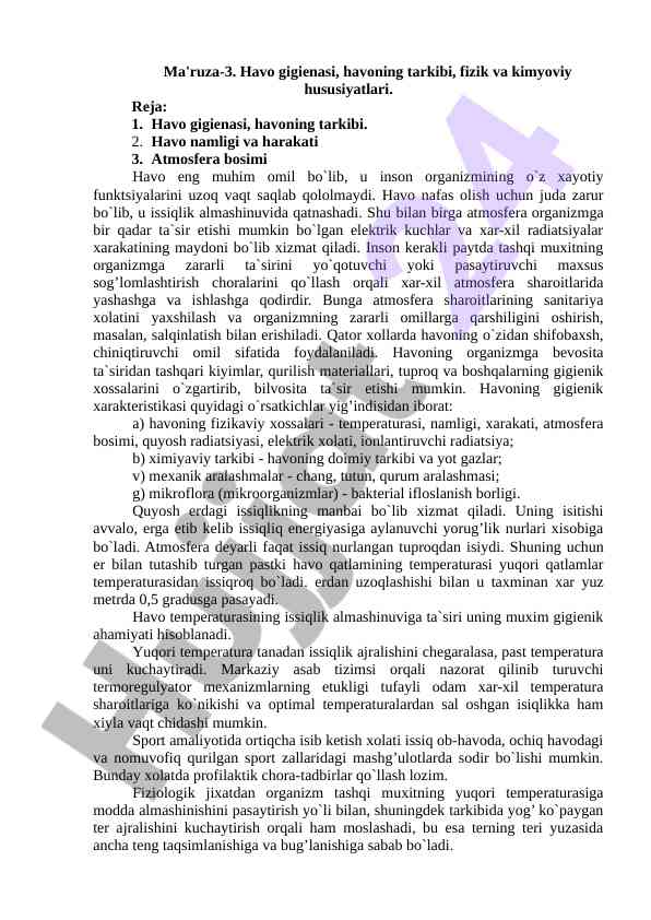 Havo gigienasi va havo tarkibi muhim asoslar