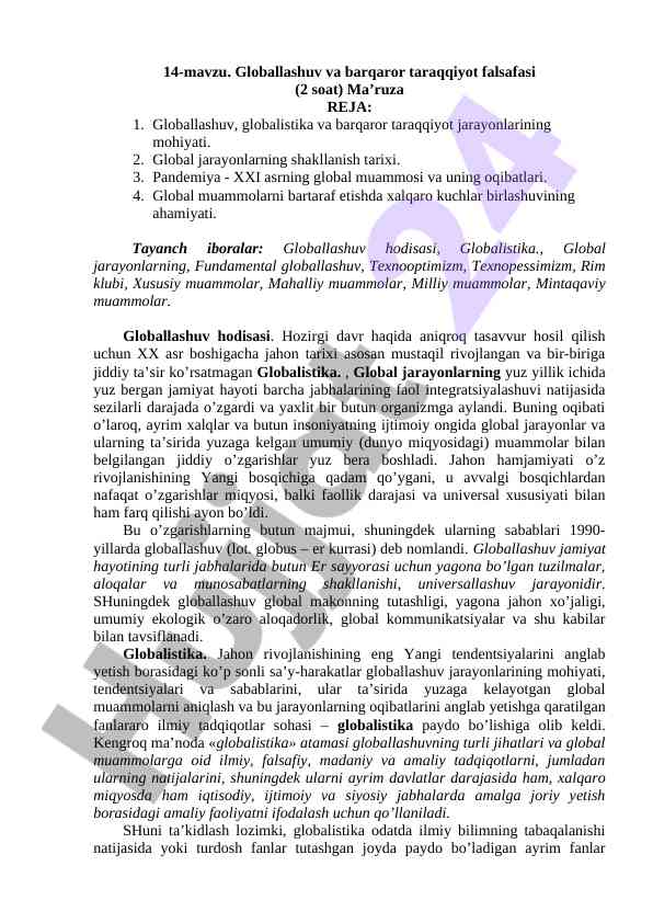 Globallashuv va barqaror taraqqiyot falsafasi
