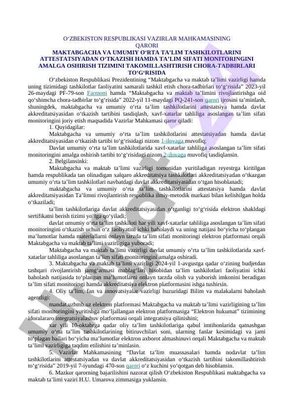 Maktabgacha va umumiy ta’lim tashkilotlarini attestatsiya