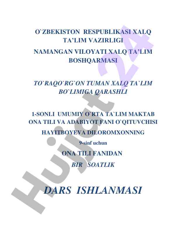Ona tili fanidan bir soatlik dars ishlanmasi
