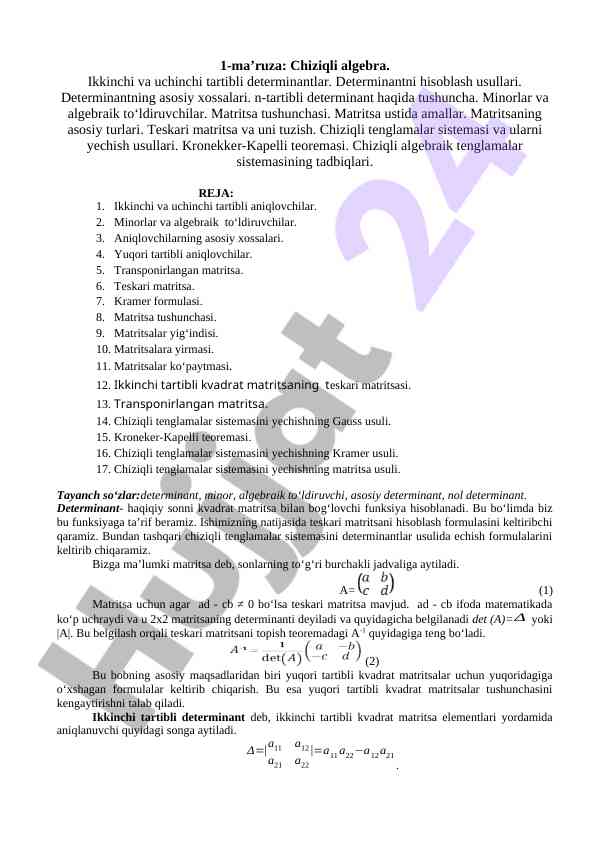 Chiziqli algebra va determinantlar haqida asosiy ma'lumotlar