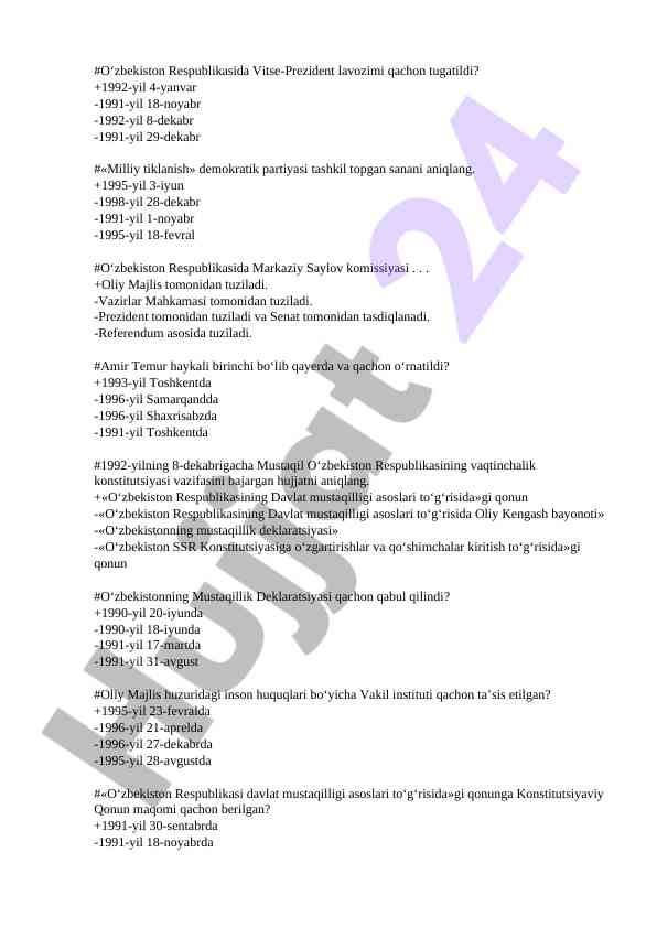 O‘zbekiston respublikasi tarixi test savollari