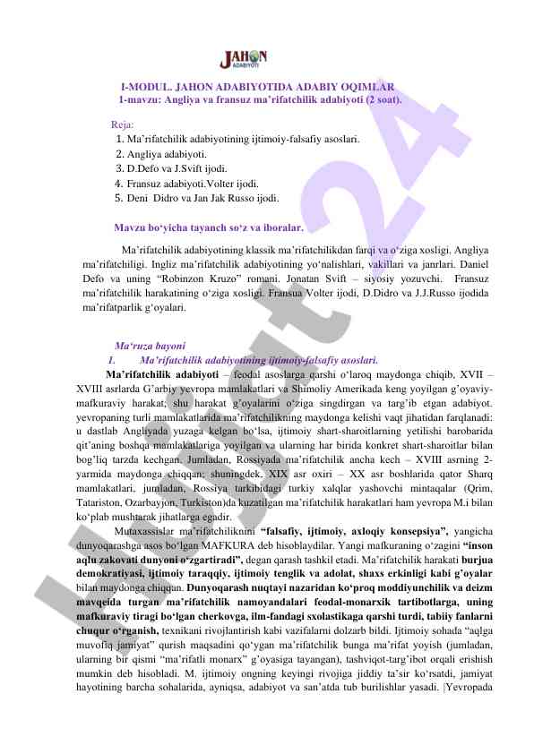 Angliya va fransuz ma’rifatchilik adabiyoti
