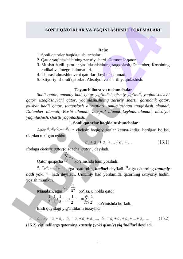 Sonli qatorlar va yaqinlashish teoremalari