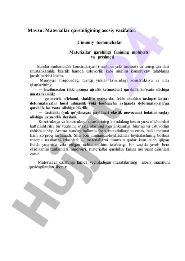 Materiallar qarshiligining asosiy vazifalari