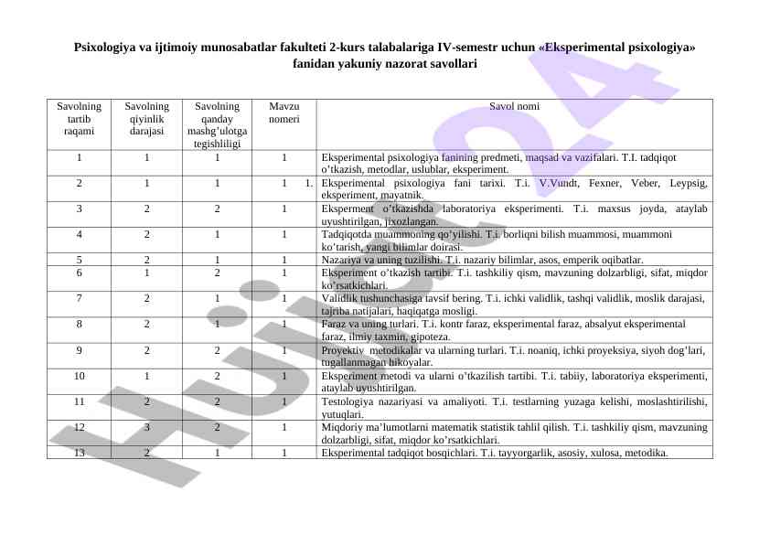 Eksperimental psixologiya fanidan yakuniy nazorat savollari