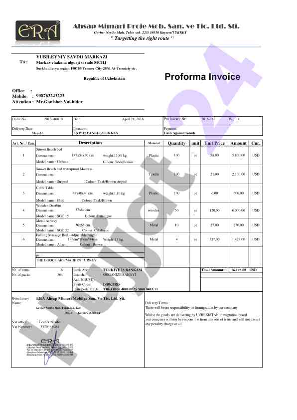 Proforma invoice for goods delivery from turkey