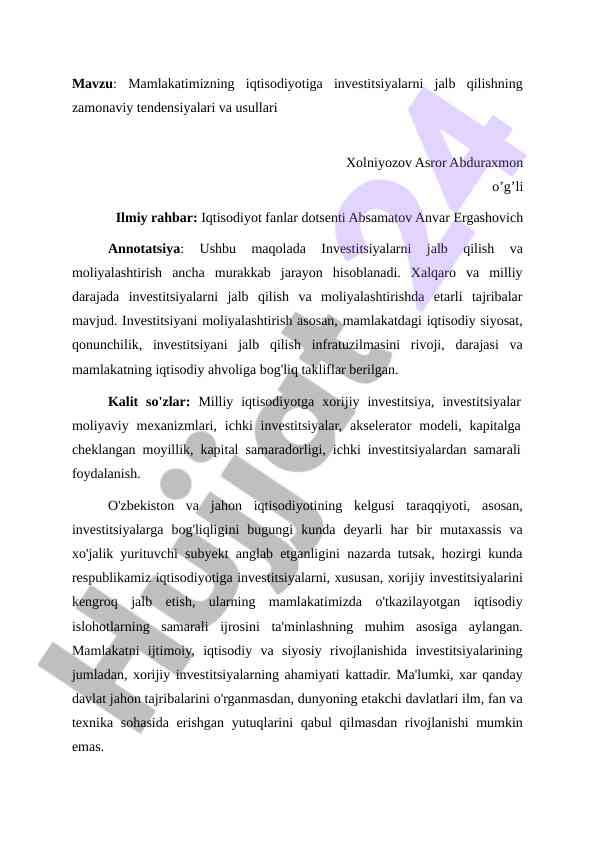 Mamlakat iqtisodiyotiga investitsiyalarni jalb qilish