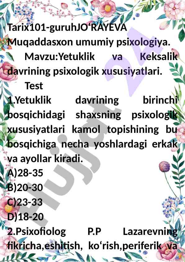 Psixologiya: yetuklik va keksalik davri xususiyatlari