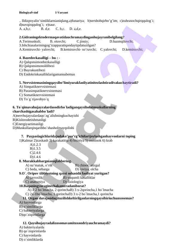 Biologiya 9-sinf test savollari