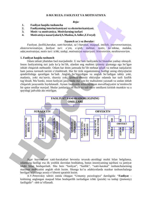 Faoliyat va motivatsiya haqida tushuncha