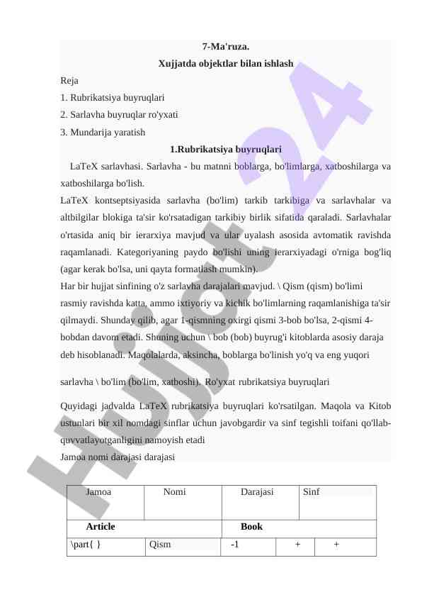 Xujjatda objektlar bilan ishlash reja