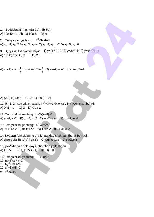 9-sinf algebra sinov savollari