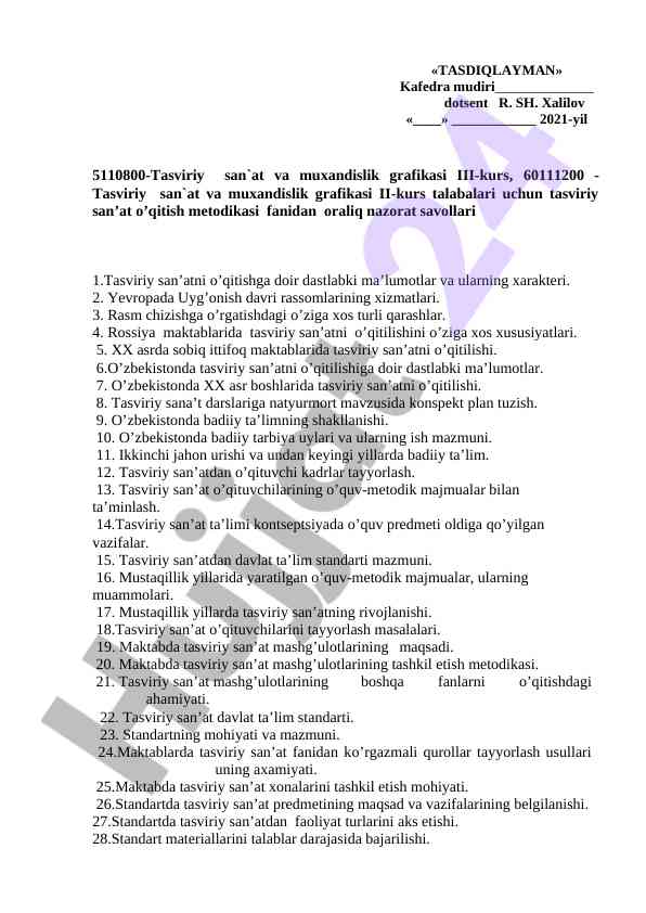 Tasviriy san'atni o'qitish metodikasi savollari