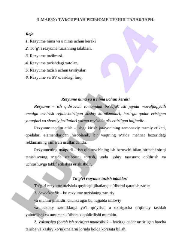 Rezyume tuzish talablari bo‘yicha qoidalar