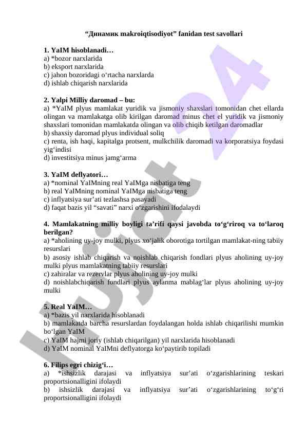Dinamika makroiqtisodiyot fanidan test savollari