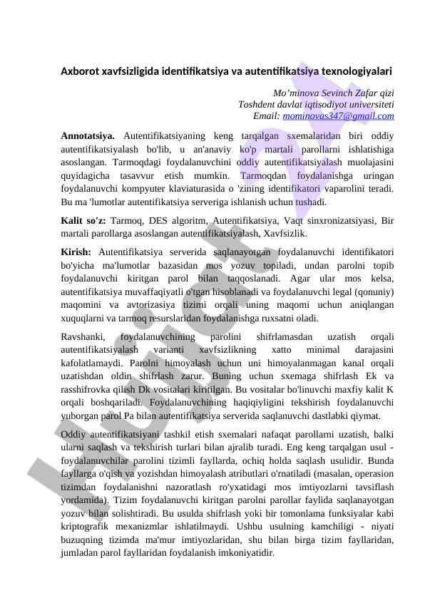 Axborot xavfsizligida identifikatsiya va autentifikatsiya
