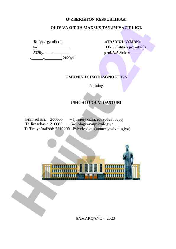 Umumiy psixodiagnostika fanining ishchi o‘quv dasturi