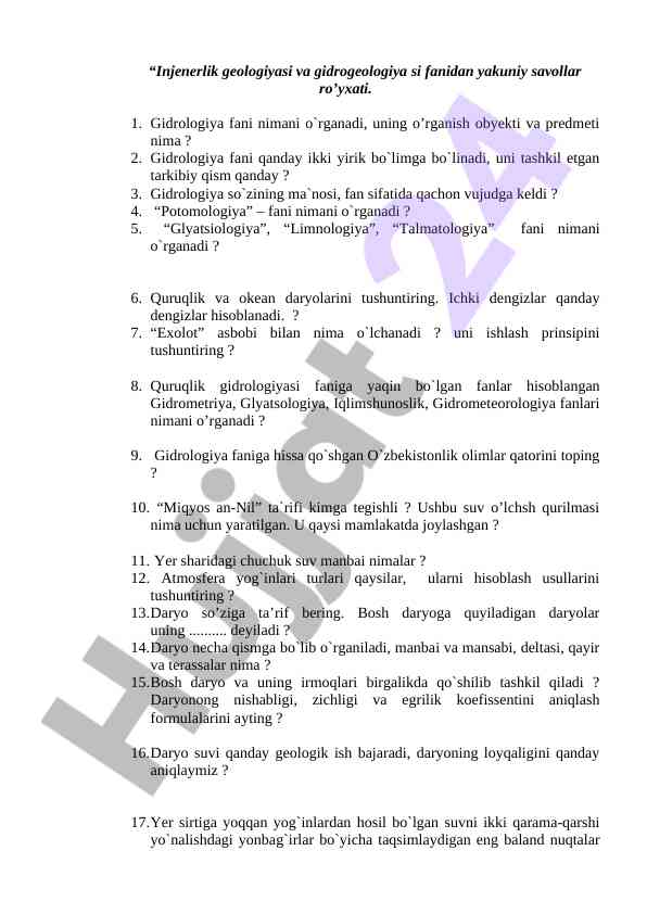 Gidrogeologiya fanidan yakuniy savollar ro'yxati