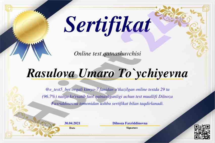Kimyo-7 online test natijalari sertifikati