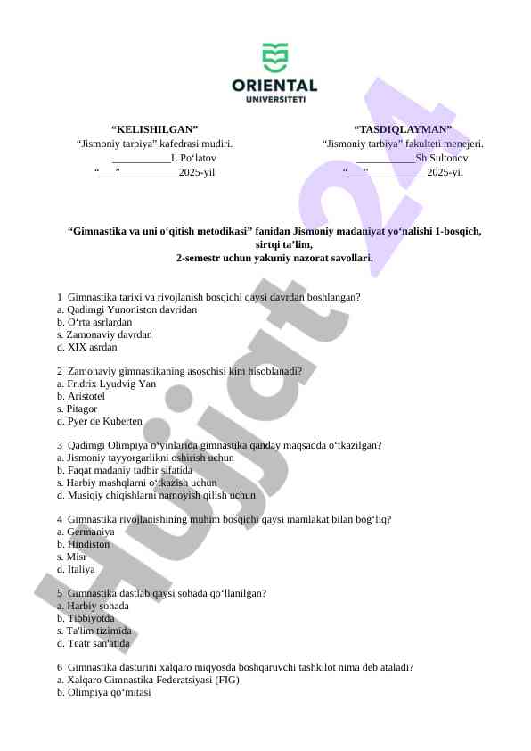 Gimnastika va uni o‘qitish metodikasi savollari