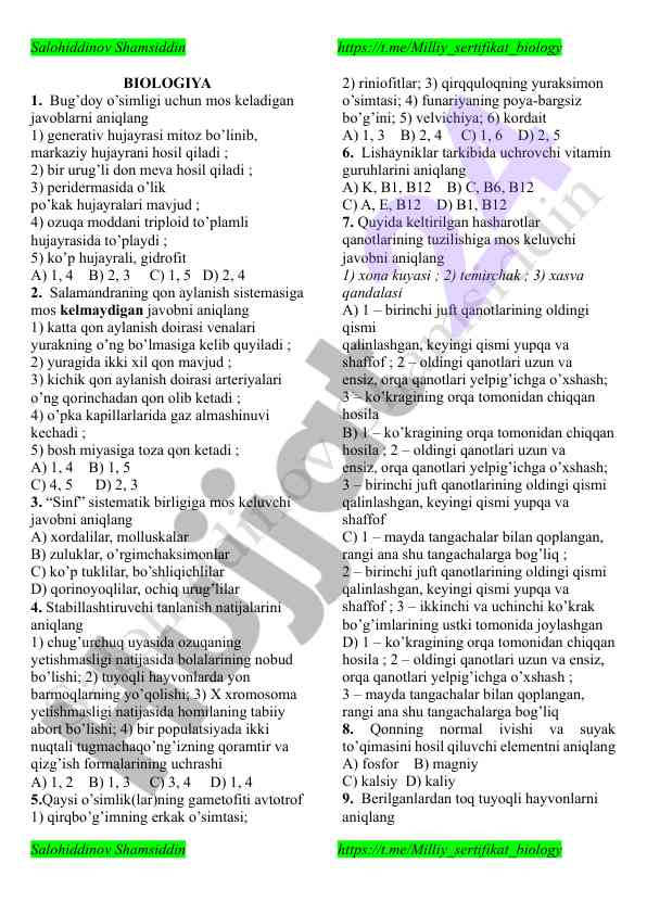 Biologiya o‘quv mashg‘ulotlari va savollari