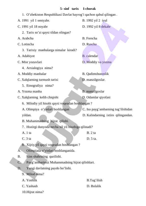 5-sinf tarix testlari o'zbekiston davlat bayrog'i