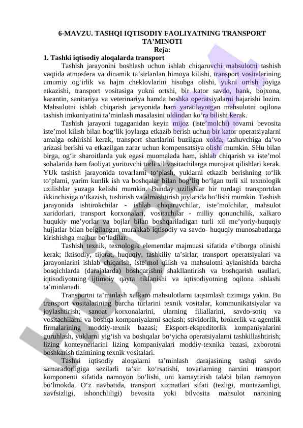 Tashqi iqtisodiy faoliyatda transport ta’minoti