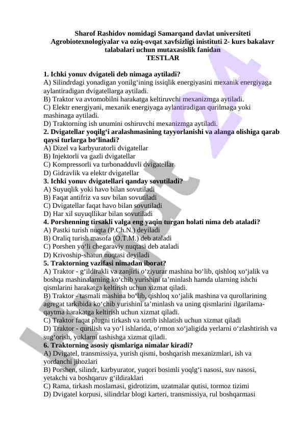 Ichki yonuv dvigateli bo'yicha testlar