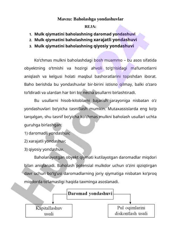 Mulk qiymatini baholash yondashuvlari tahlili