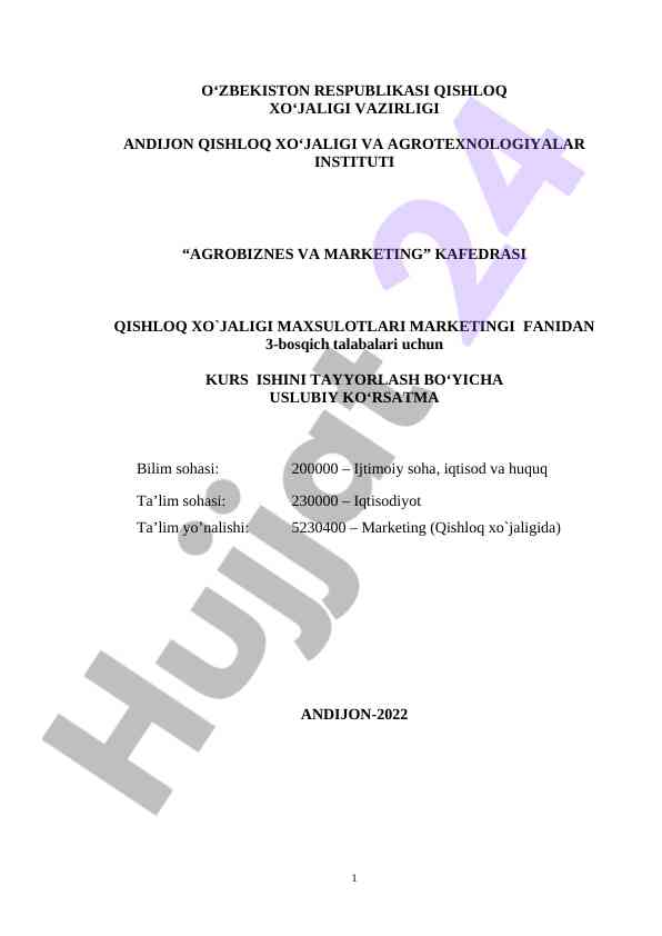 Qishloq xo‘jaligi mahsulotlari marketingi kurs ishlari