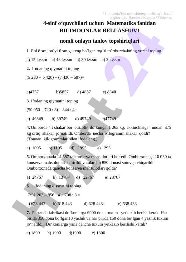 Matematika fanidan oquvchilar uchun topshiriqlar