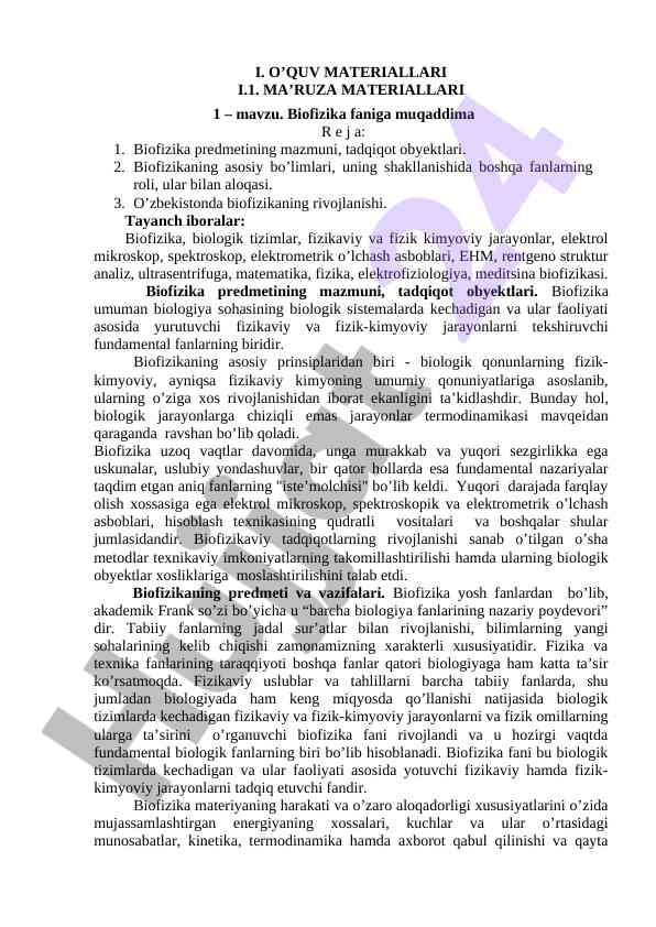 Biofizika faniga kirish va asosiy tamoyillar