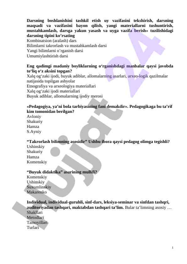 Dars tashkiloti va pedagogik materiallar