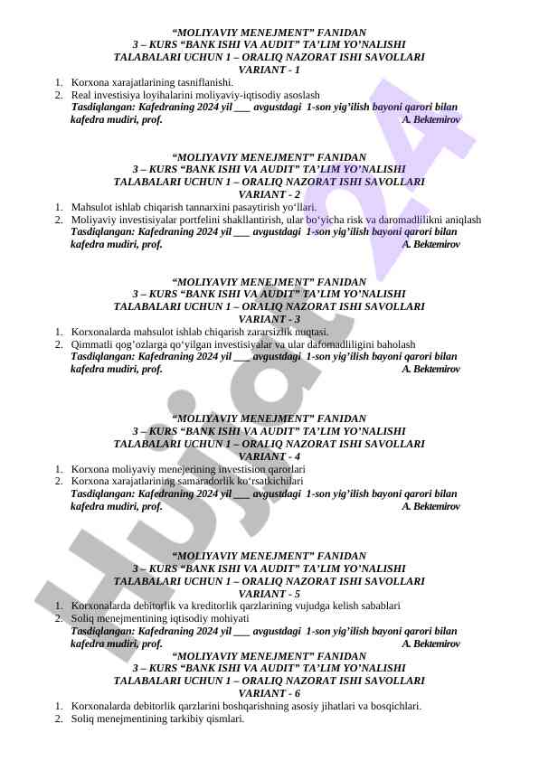 Bank isishi va audit fani 3-kurs nazorat ishlari