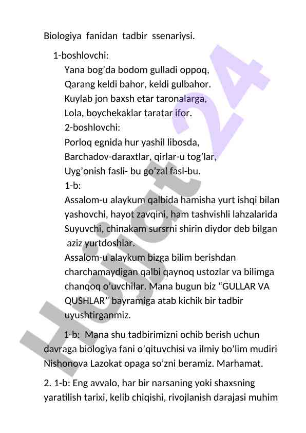 Biologiya fanidan tadbir ssenariysi