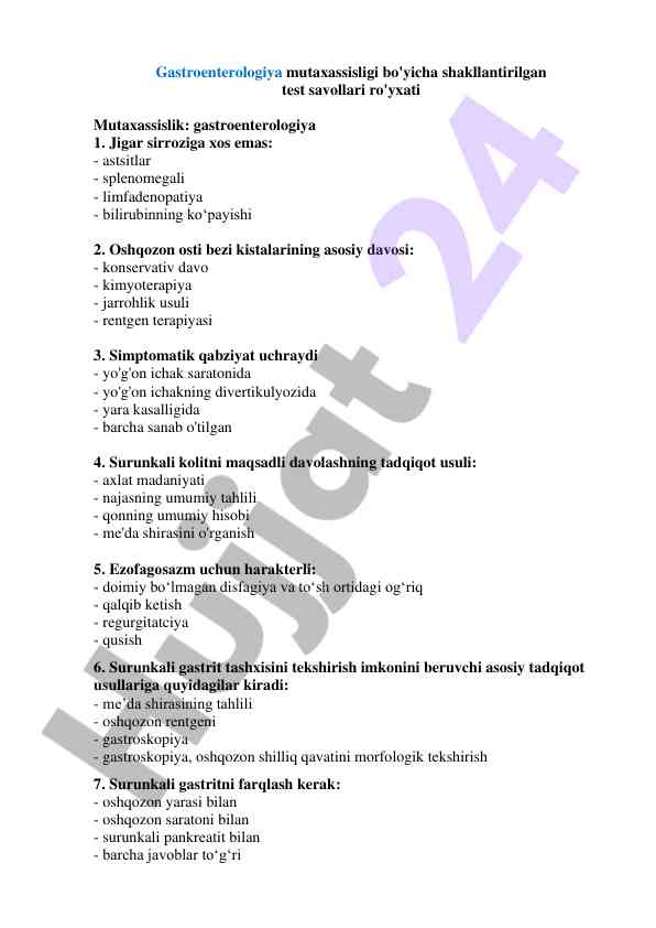Gastroenterologiya test savollari ro'yxati