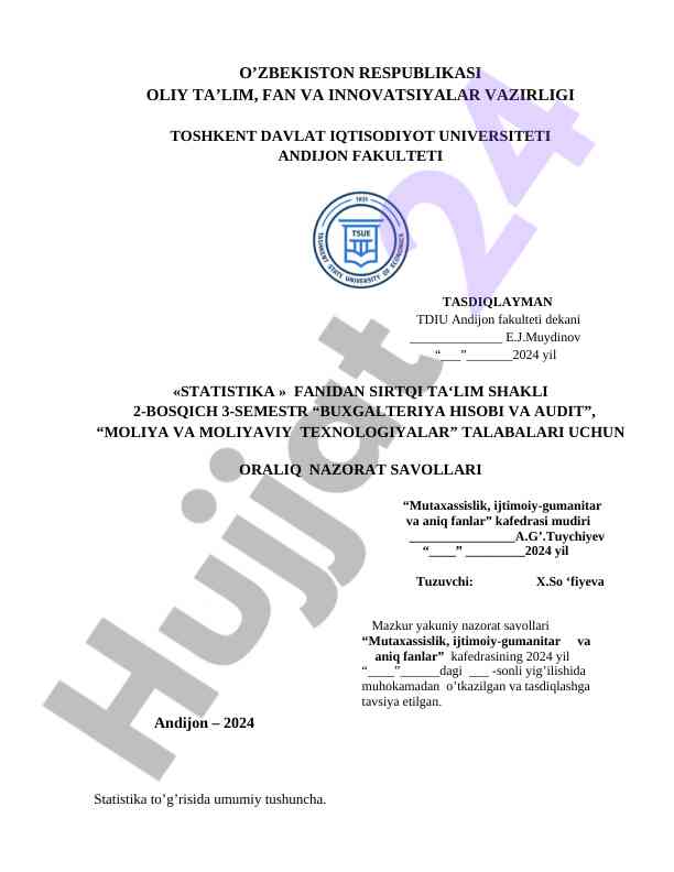 Statistika fanidan oralqi nazorat savollari