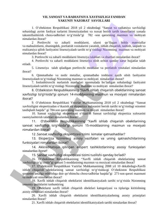 Sanoat va radiatsiya xavfsizligi fanidan savollar