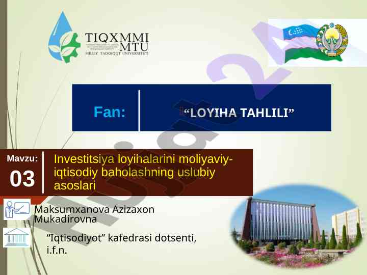 Investitsiya loyihalarini moliyaviy-iqtisodiy baholash