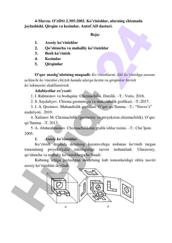 Autocad dasturida ko’rinishlar va kesimlar
