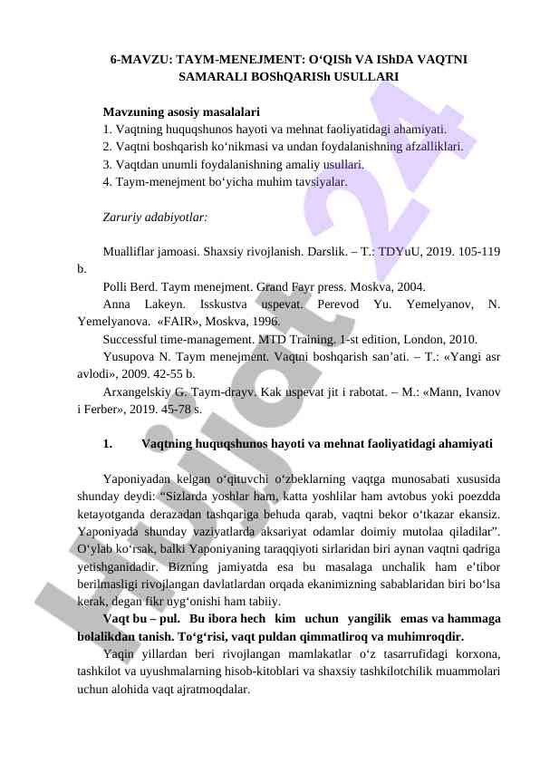 Vaqtni samarali boshqarish usullari va taym-menejment