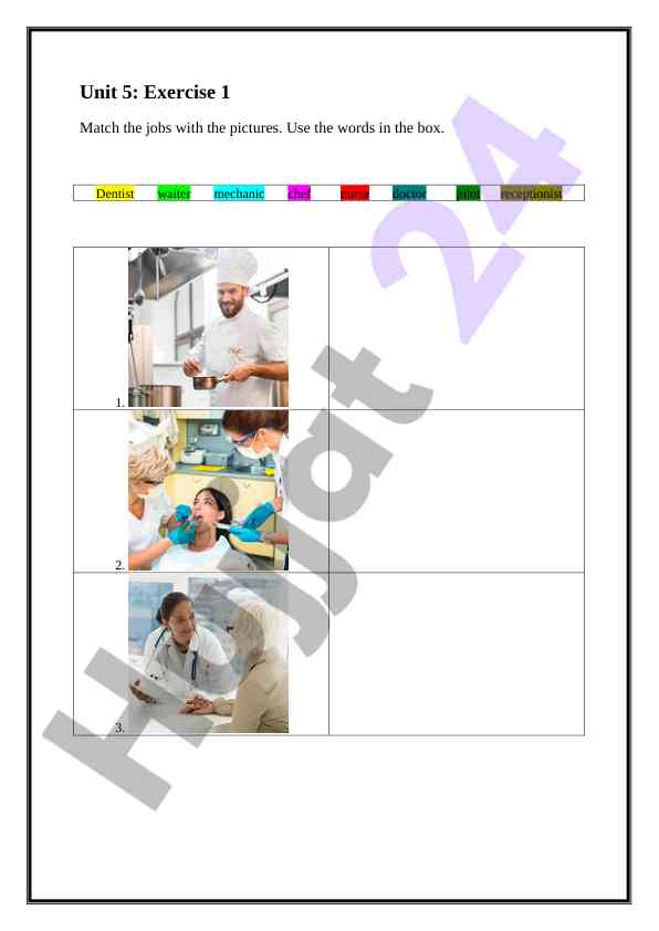 Jobs and duties in different professions activities