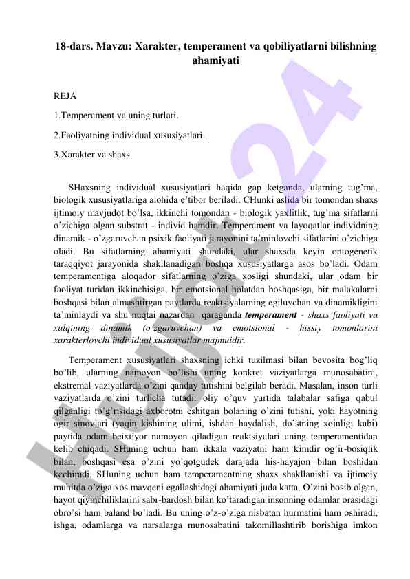 Xarakter va temperamentning ahamiyati tahlili