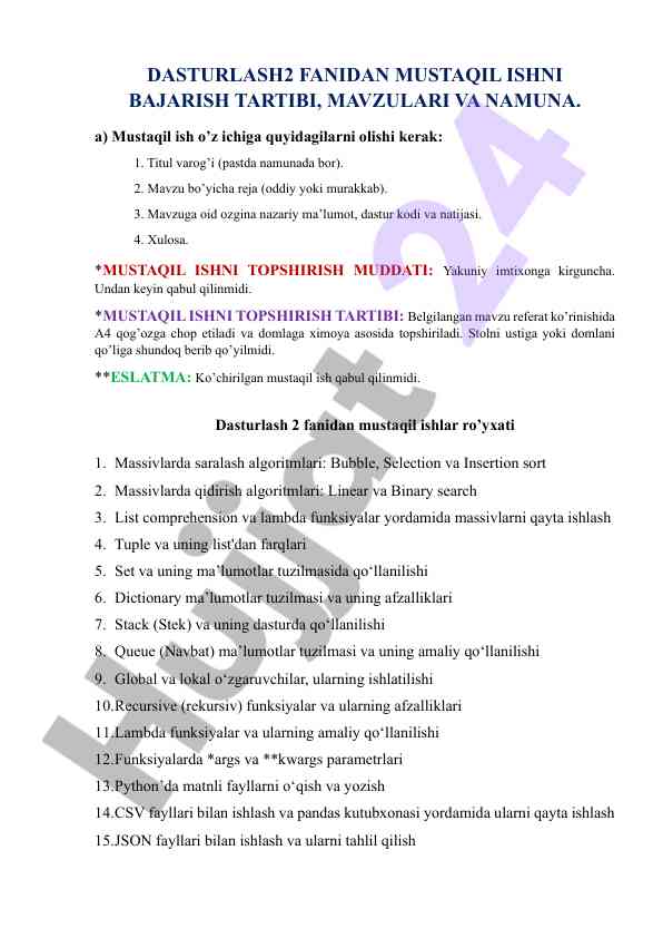 Dasturlash fanidan mustaqil ishlar tartibi